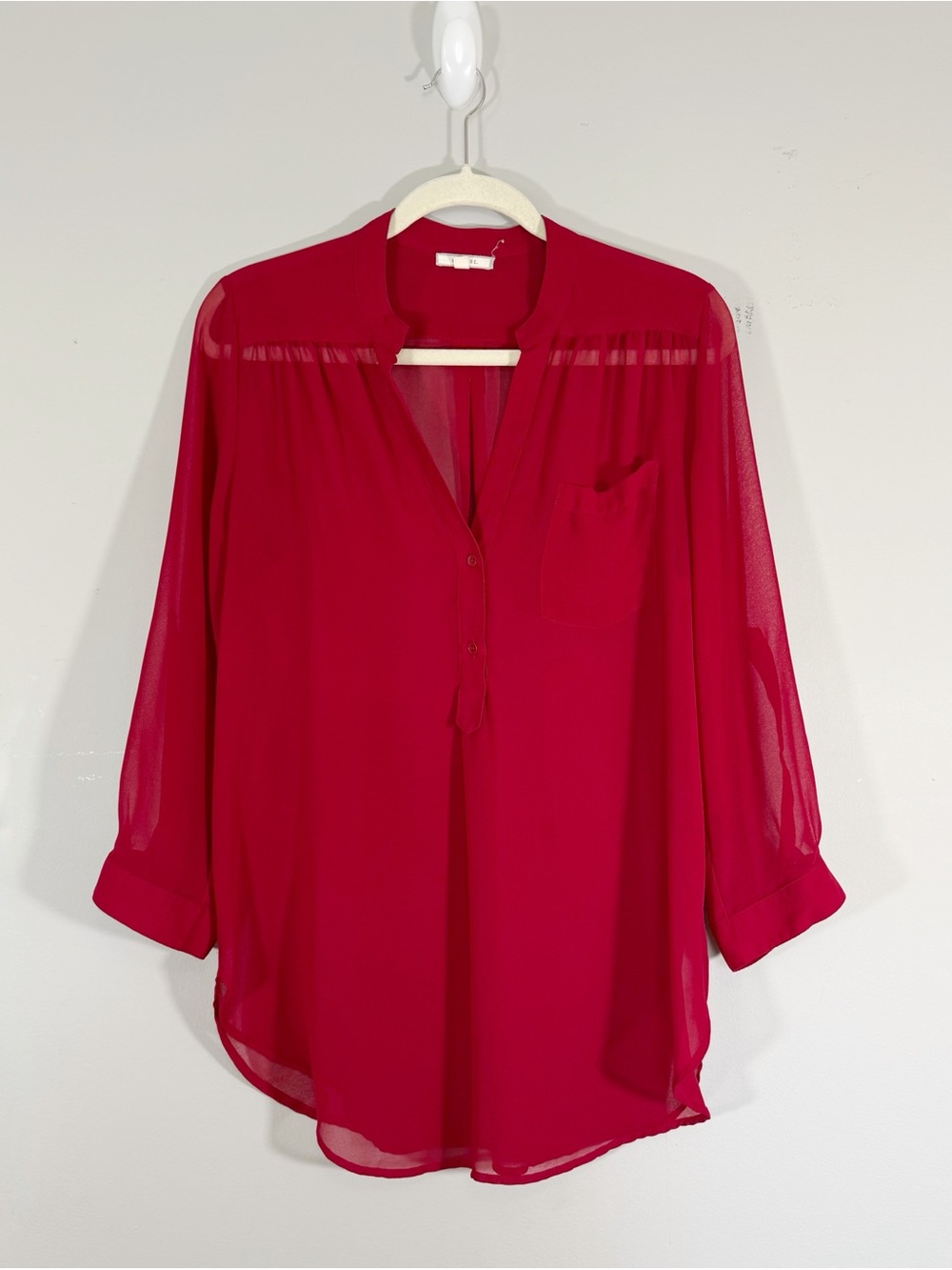 Pleione Sheer V-Neck Chiffon Blouse Tunic Popover Red Women’s Small Career Flowy